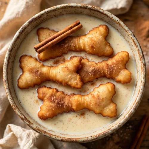 Biberschwanz Suppe Rezept – warme Zimt-Vanille-Milchsuppe mit knusprigen Teigstreifen in Zimtzucker in einer rustikalen Schale