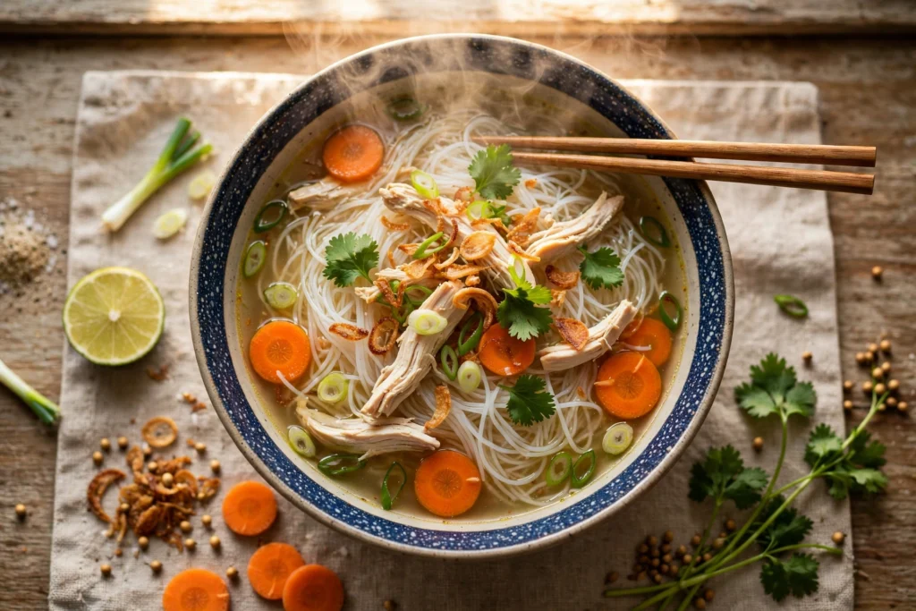 Bihun Suppe Rezept – dampfende Schüssel mit Reisnudeln, Hähnchen, Karotten und Frühlingszwiebeln
