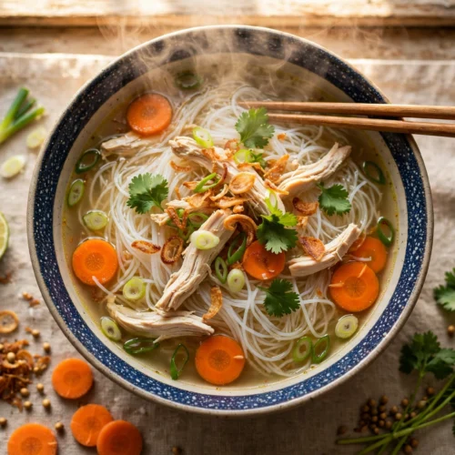 Bihun Suppe Rezept – dampfende Schüssel mit Reisnudeln, Hähnchen, Karotten und Frühlingszwiebeln