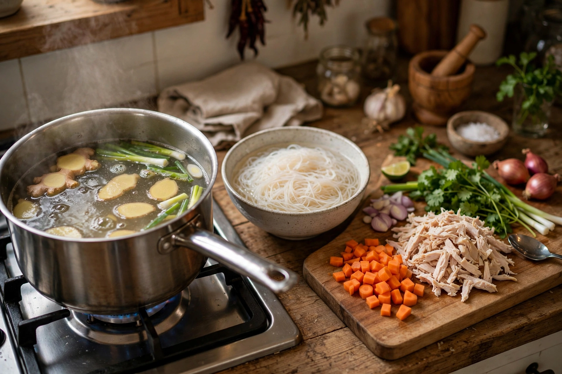 Bihun Suppe Rezept – köchelnde Brühe mit Ingwer und Zutaten für die Zubereitung