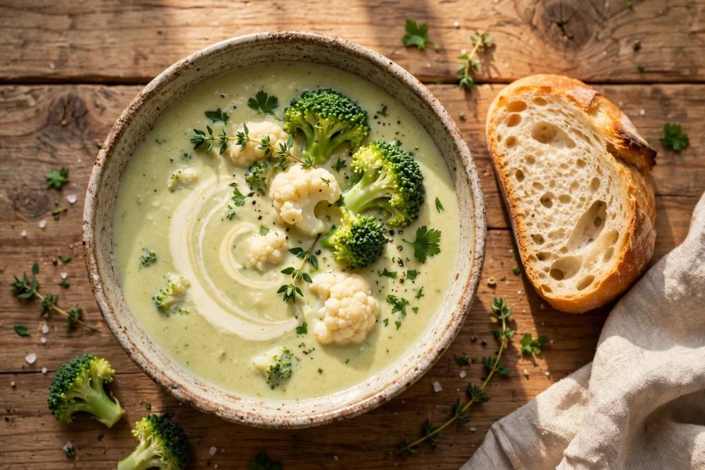 Blumenkohl Brokkoli Suppe Rezept – cremige Suppe mit Brokkoliröschen und Sahnehaube