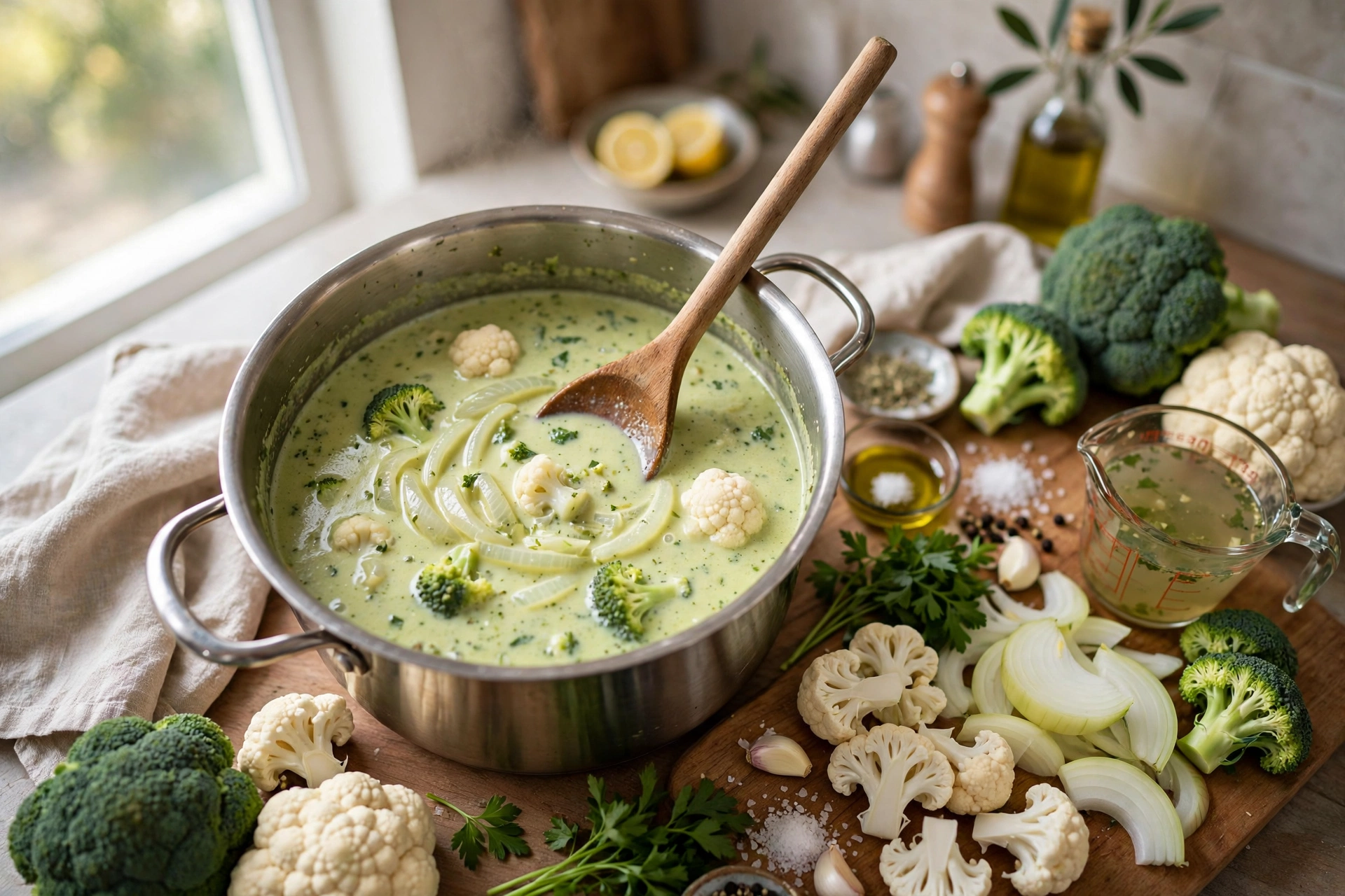 Blumenkohl Brokkoli Suppe Rezept – Blumenkohl und Brokkoli werden im Topf zubereitet