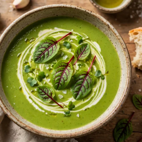 Blutampfer Suppe Rezept – cremige grüne Suppe in einer Schale mit Sahneswirl und frischen Blutampferblättern mit roten Adern