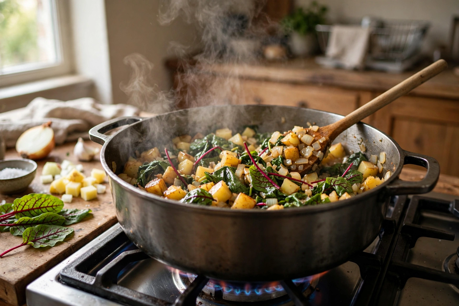 Blutampfer Suppe Rezept – frische Blutampferblätter werden mit Zwiebeln und Kartoffeln im Topf angedünstet