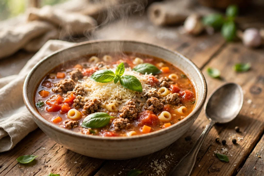 Bolognese Suppe Rezept – dampfende Schüssel herzhafte Bolognesesuppe mit Rinderhack, Tomaten und Parmesan