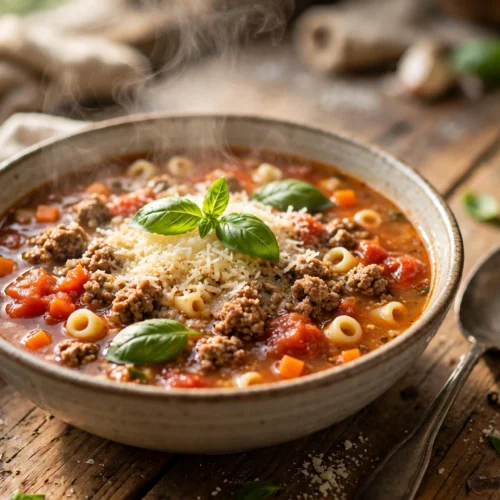 Bolognese Suppe Rezept – dampfende Schüssel herzhafte Bolognesesuppe mit Rinderhack, Tomaten und Parmesan