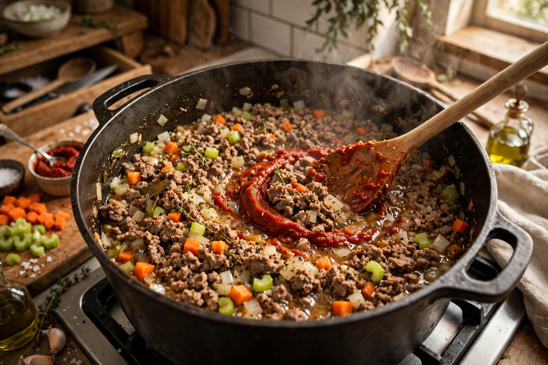 Bolognese Suppe Rezept – Rinderhack wird mit Zwiebeln, Karotten und Sellerie im Topf angebraten