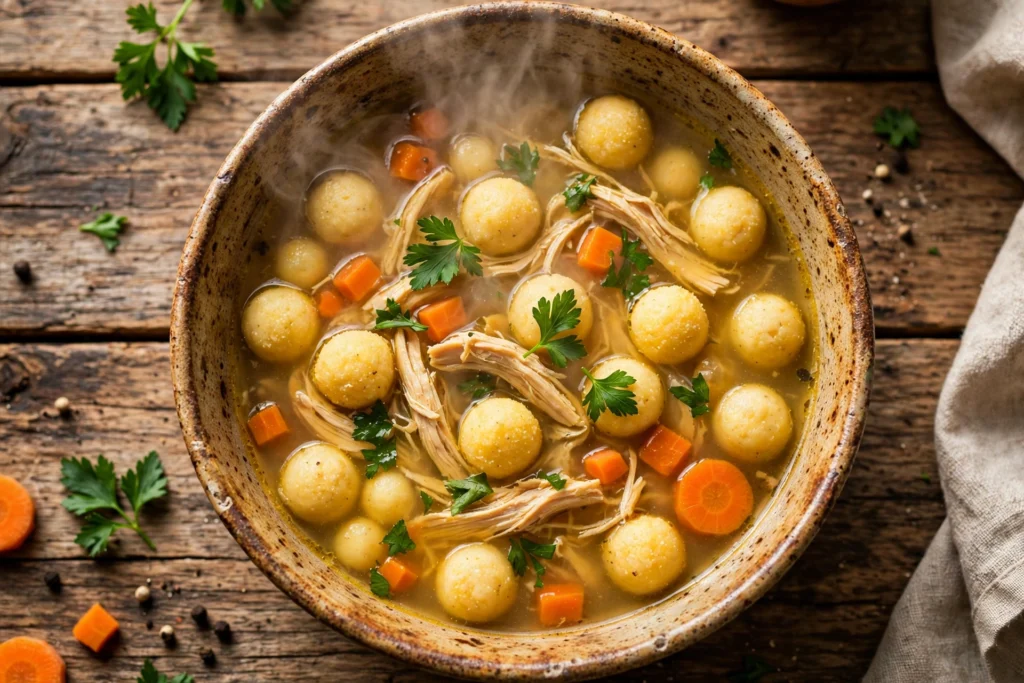 Bori Bori Suppe Rezept – dampfende paraguayische Hühnersuppe mit Maismehl-Käse-Klößchen in rustikaler Schale