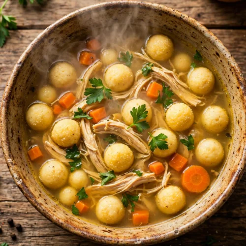 Bori Bori Suppe Rezept – dampfende paraguayische Hühnersuppe mit Maismehl-Käse-Klößchen in rustikaler Schale