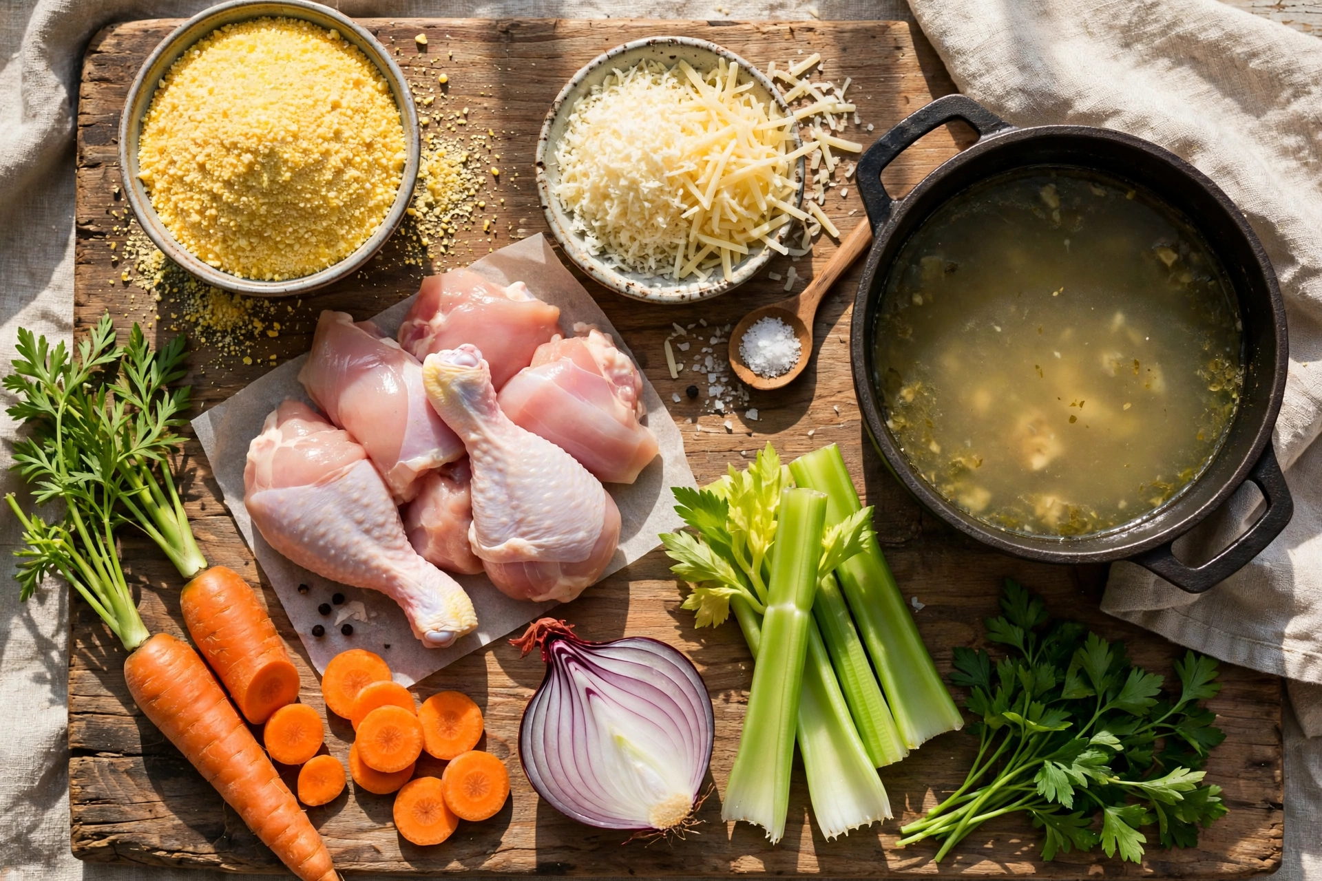 Bori Bori Suppe Rezept – Zutaten im Überblick: Maismehl, Käse, Hähnchen, Karotten, Sellerie und Kräuter auf einem Holzbrett
