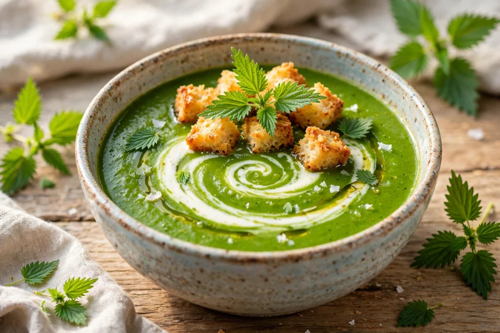 Brennessel Suppe Rezept – cremige grüne Suppe in einer Schale mit Sahneswirl, Croûtons und jungen Brennnesselblättern