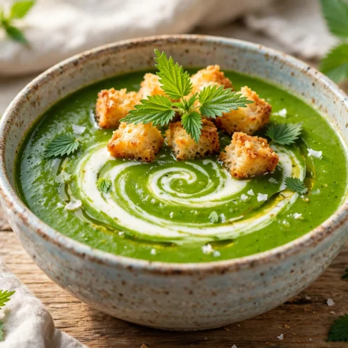 Brennessel Suppe Rezept – cremige grüne Suppe in einer Schale mit Sahneswirl, Croûtons und jungen Brennnesselblättern
