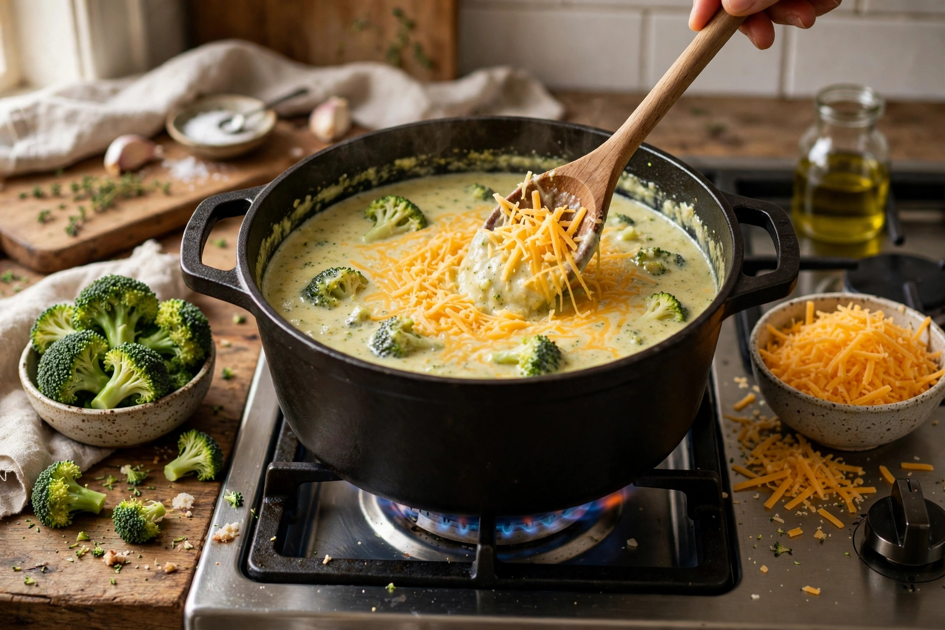 Brokkoli Cheddar Suppe Rezept – Cheddar wird in die cremige Brokkolisuppe eingerührt
