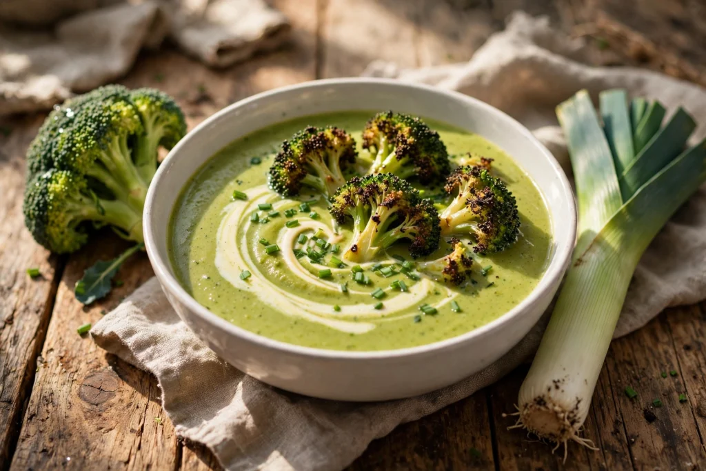 Brokkoli Lauch Suppe Rezept – cremige grüne Suppe in weißer Schale mit Sahnehäubchen und gerösteten Brokkoliröschen