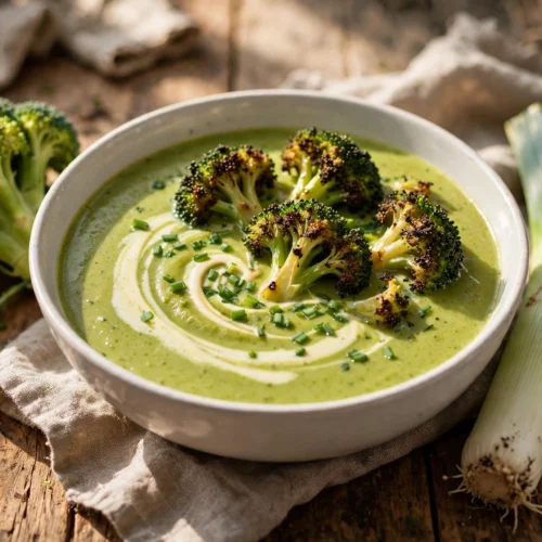 Brokkoli Lauch Suppe Rezept – cremige grüne Suppe in weißer Schale mit Sahnehäubchen und gerösteten Brokkoliröschen