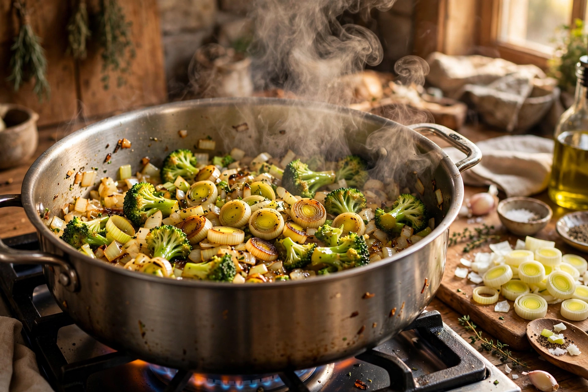 Brokkoli Lauch Suppe Rezept – frischer Brokkoli und Lauchringe werden mit Zwiebelwürfeln im Topf angedünstet