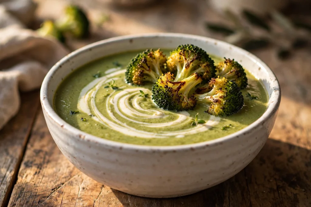 Brokkoli Suppe Rezept – cremige Suppe in weißer Schale mit Sahnehäubchen und gerösteten Brokkoliröschen