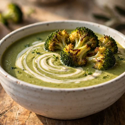 Brokkoli Suppe Rezept – cremige Suppe in weißer Schale mit Sahnehäubchen und gerösteten Brokkoliröschen