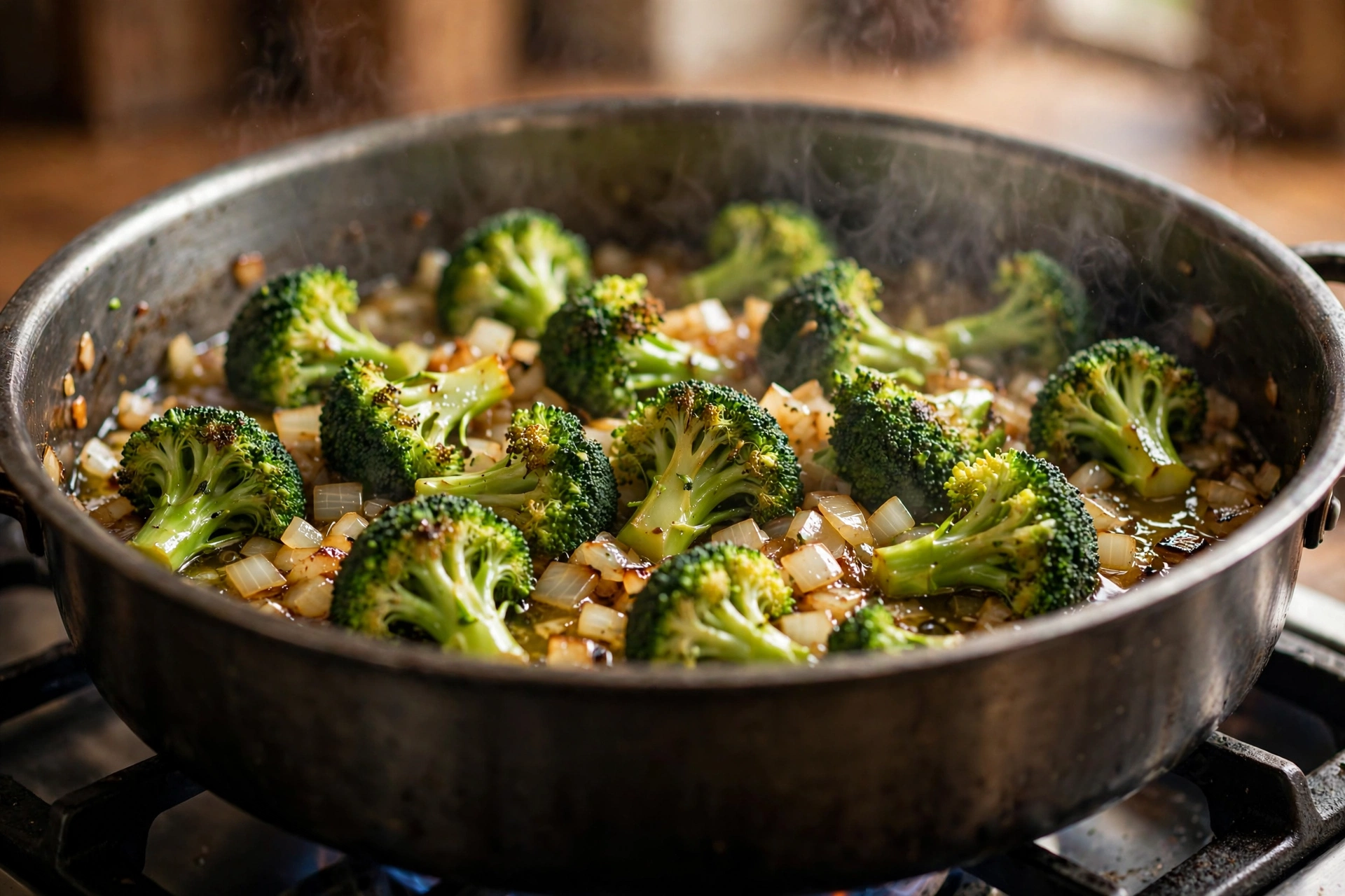 Brokkoli Suppe Rezept – frische Brokkoliröschen werden mit Zwiebelwürfeln im Topf angedünstet