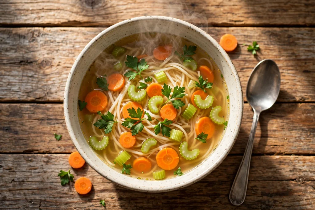 Brühe Suppe Rezept – dampfende Schüssel mit klarer goldgelber Brühe, Suppennudeln, Karotten und frischer Petersilie