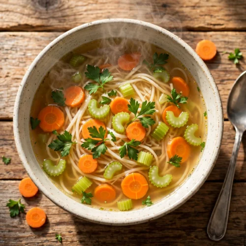 Brühe Suppe Rezept – dampfende Schüssel mit klarer goldgelber Brühe, Suppennudeln, Karotten und frischer Petersilie