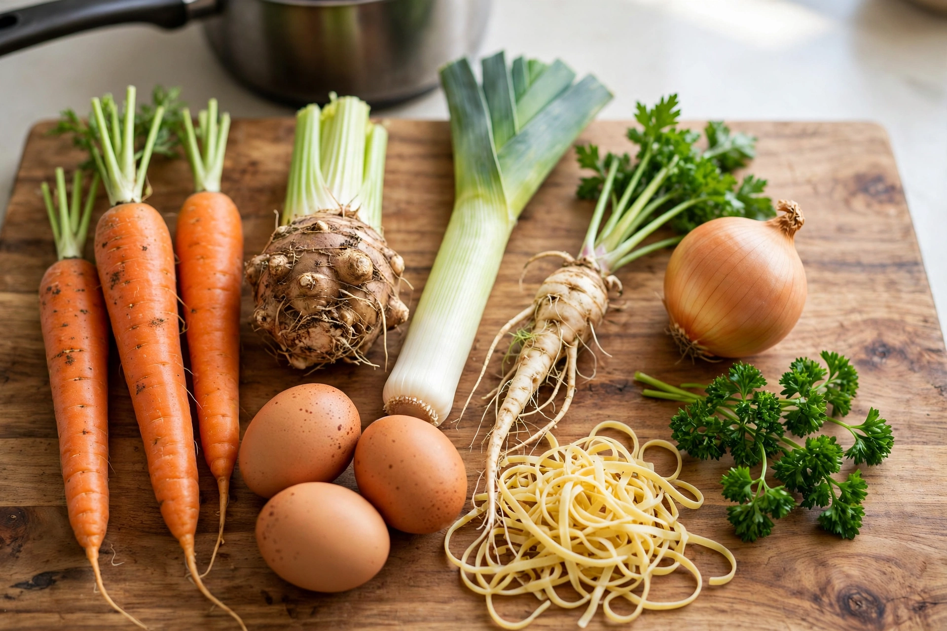 Brühe Suppe Rezept – Zutaten im Überblick: Hähnchen, Suppengemüse, Zwiebeln, Petersilie, Suppennudeln und Eier für den Eierstich