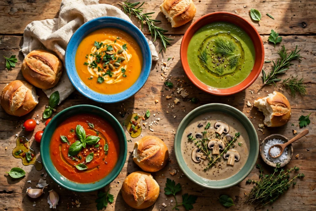 Brunch Suppe Rezept – bunte Suppen und Brot auf einem Brunch-Tisch
