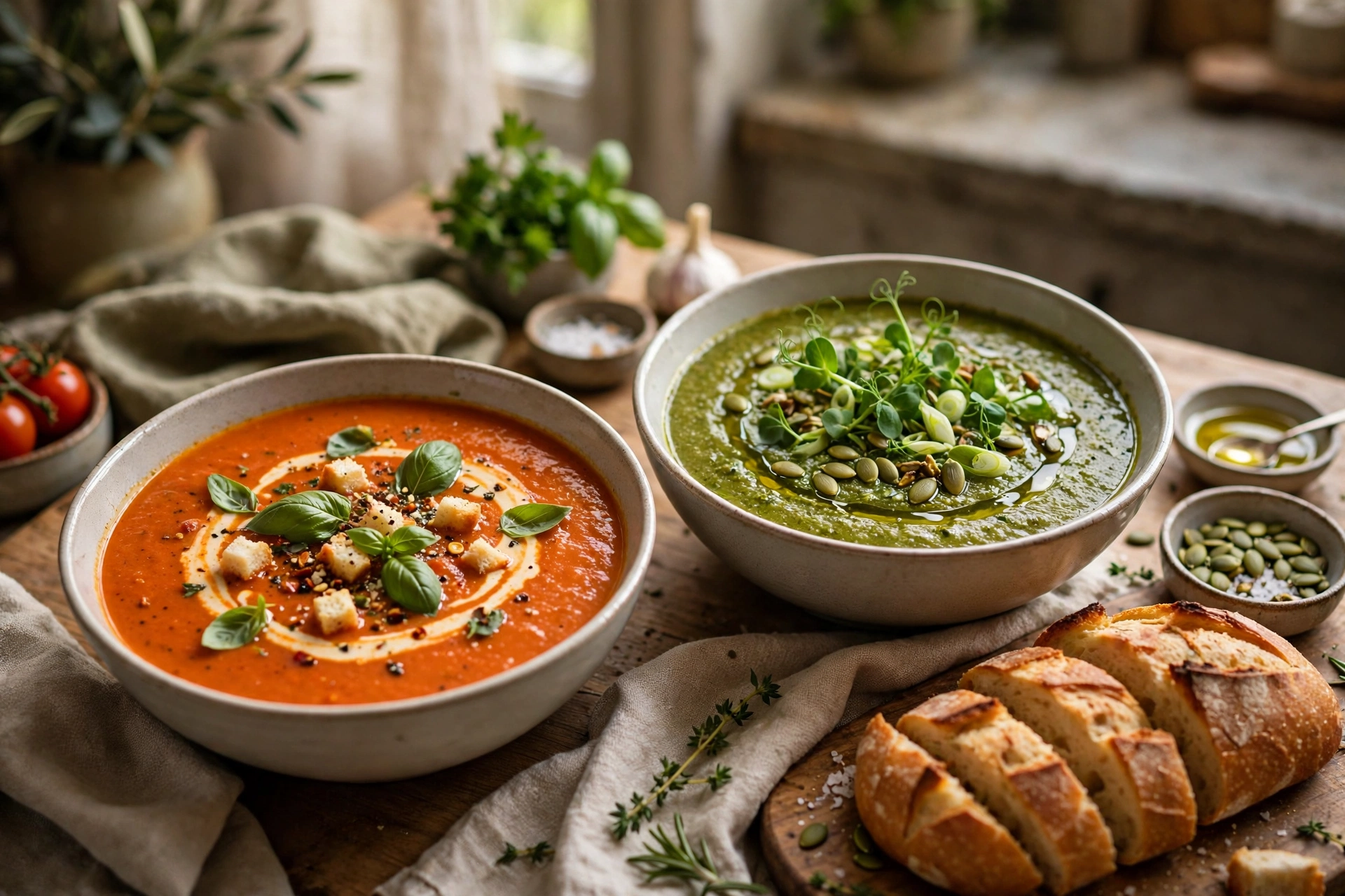 Brunch Suppe Rezept – Tomatensuppe und grüne Gemüsesuppe in Schüsseln