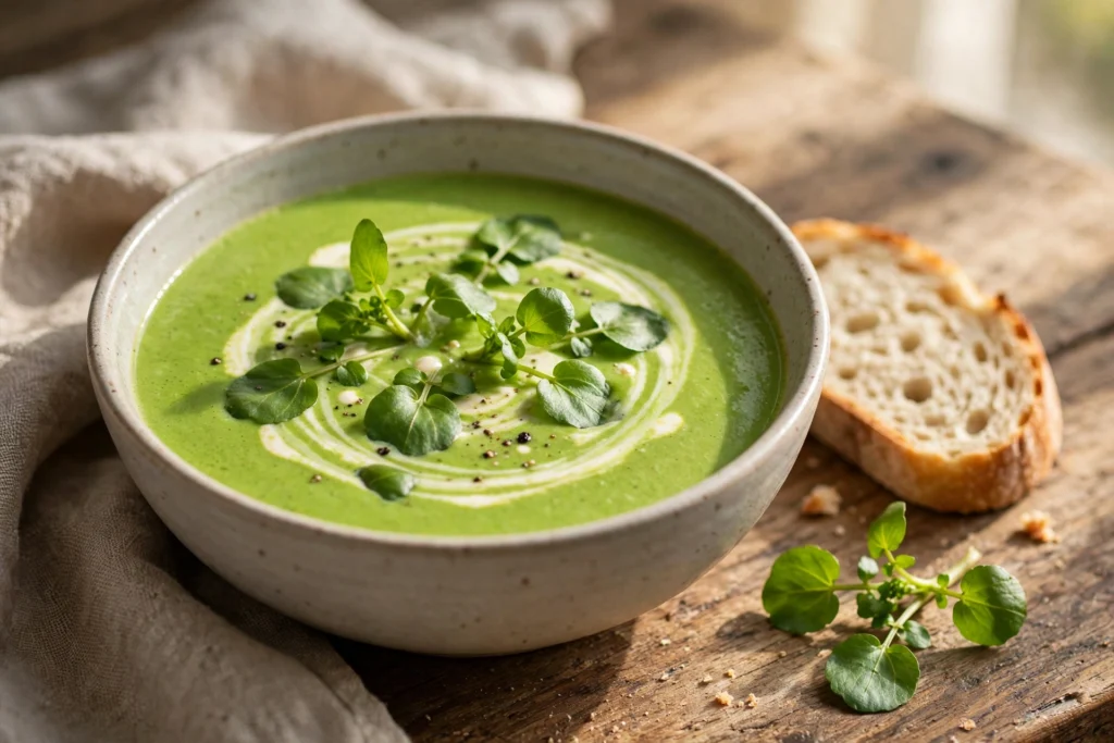 Brunnenkresse Suppe Rezept – cremige grüne Brunnenkressesuppe in einer Schale mit Sahneswirl und frischer Brunnenkresse
