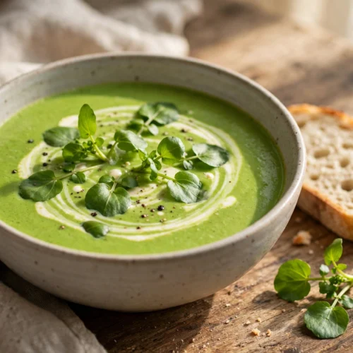 Brunnenkresse Suppe Rezept – cremige grüne Brunnenkressesuppe in einer Schale mit Sahneswirl und frischer Brunnenkresse