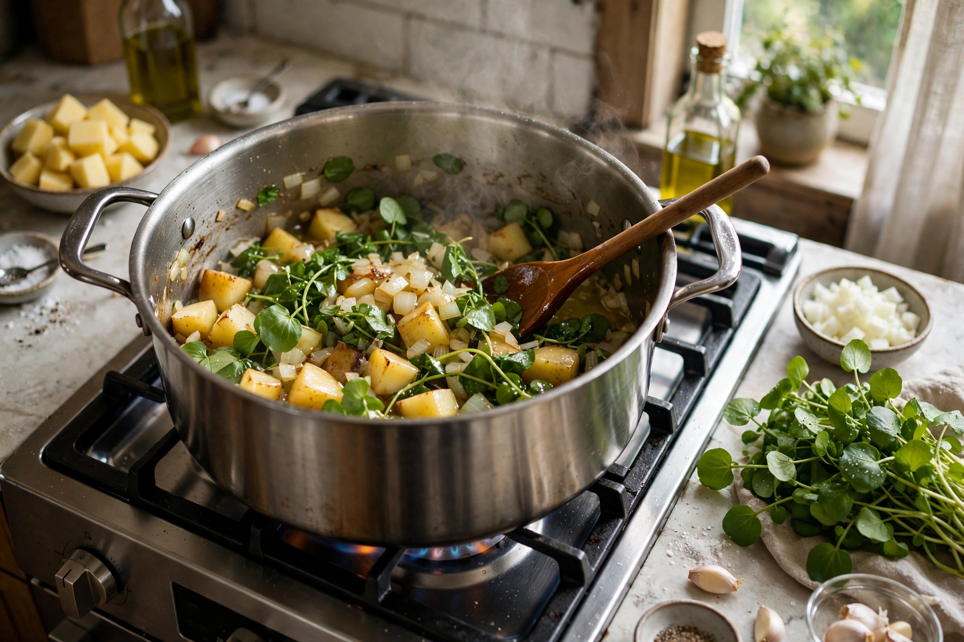 Brunnenkresse Suppe Rezept – frische Brunnenkresse wird mit Zwiebeln und Kartoffeln im Topf angedünstet
