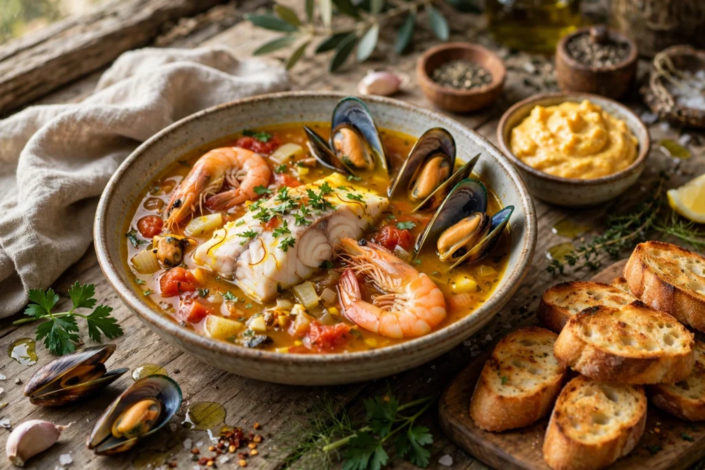 Buyabes Suppe Rezept – Bouillabaisse mit Fisch und Muscheln in Safranbrühe