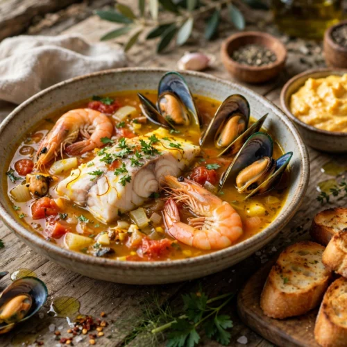 Buyabes Suppe Rezept – Bouillabaisse mit Fisch und Muscheln in Safranbrühe