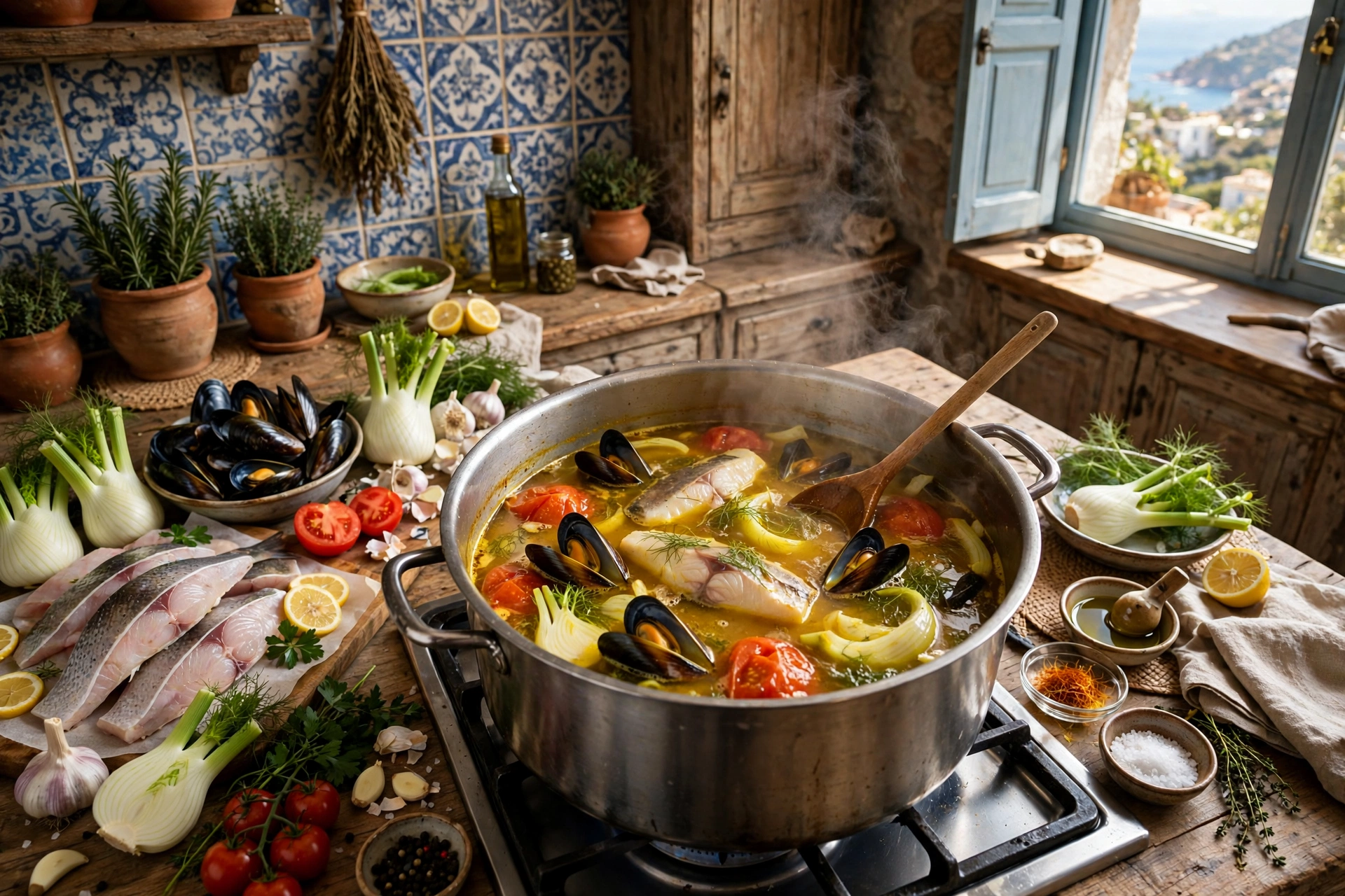 Buyabes Suppe Rezept – Fisch, Muscheln und Safranbrühe im Topf