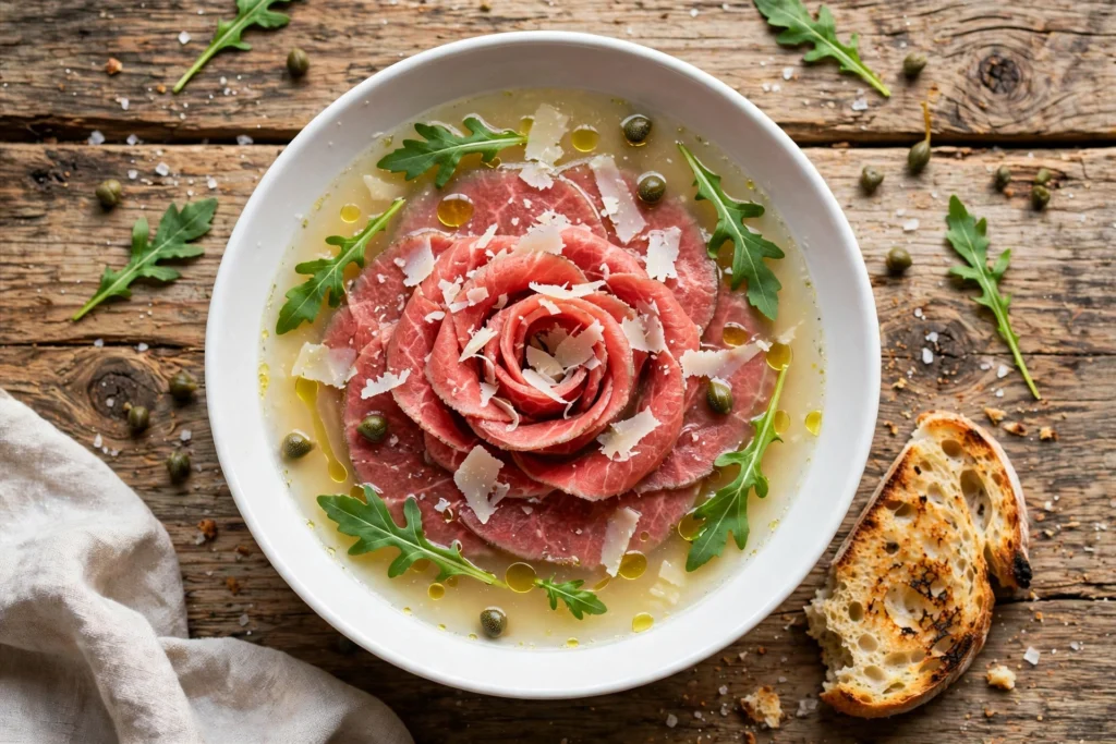Carpaccio Suppe Rezept – kalte Brühe mit hauchdünnen Rinderfiletscheiben, Parmesan, Rucola und Kapern in einer weißen Schale