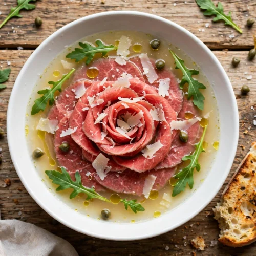 Carpaccio Suppe Rezept – kalte Brühe mit hauchdünnen Rinderfiletscheiben, Parmesan, Rucola und Kapern in einer weißen Schale