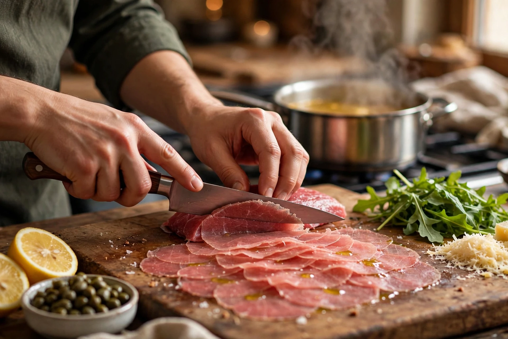 Carpaccio Suppe Rezept – hauchdünn aufgeschnittenes Rinderfilet mit Kapern, Zitrone und Parmesan für die kalte Suppe