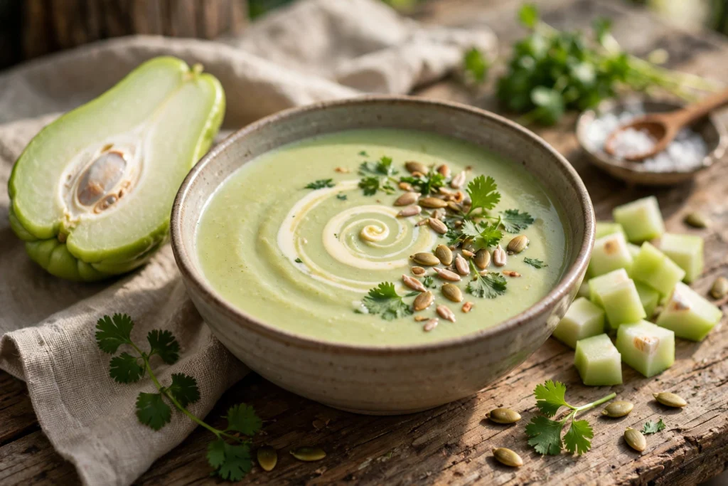 Chayote Rezept Suppe – cremige Suppe mit Sahnehaube, Petersilie und gerösteten Kürbiskernen