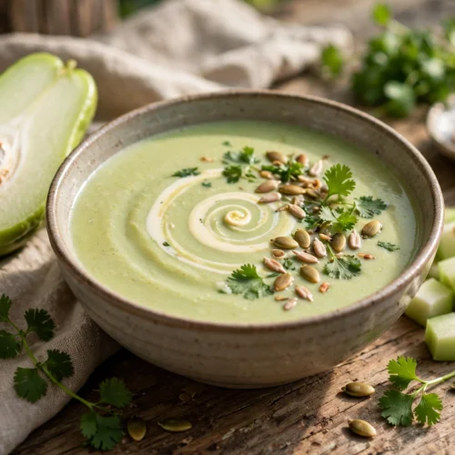 Chayote Rezept Suppe – cremige Suppe mit Sahnehaube, Petersilie und gerösteten Kürbiskernen