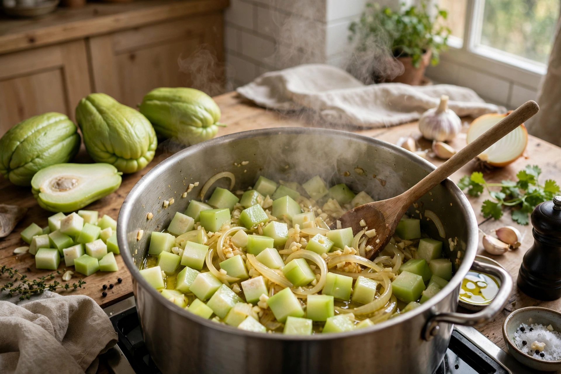 Chayote Rezept Suppe – gewürfelte Chayote wird mit Zwiebeln und Knoblauch im Topf angedünstet