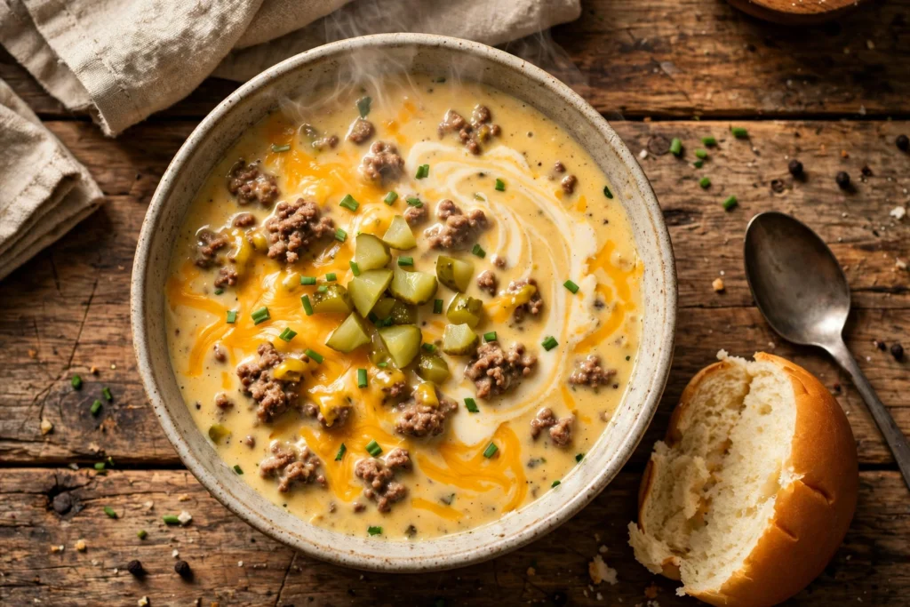 Cheeseburger Suppe Rezept – cremige Suppe mit Hackfleisch, geschmolzenem Cheddar, Gurkenwürfeln und Schnittlauch in einer weißen Schüssel
