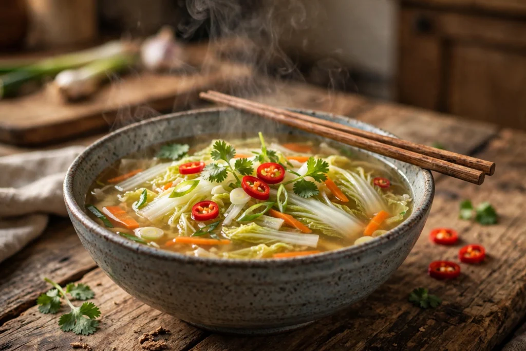 Chinakohl Suppe Rezept – dampfende Schale asiatische Chinakohlsuppe mit Ingwer, Karotten und Sesam