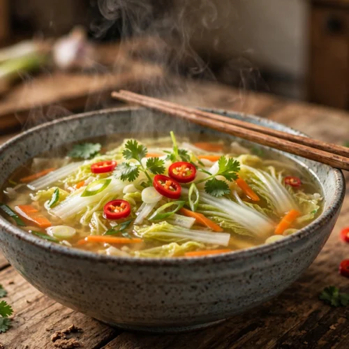 Chinakohl Suppe Rezept – dampfende Schale asiatische Chinakohlsuppe mit Ingwer, Karotten und Sesam