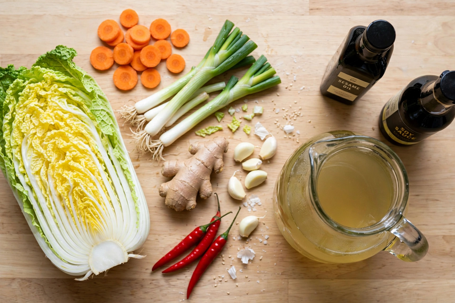 Chinakohl Suppe Rezept – frische Zutaten für die asiatische Chinakohlsuppe: Chinakohl, Karotten, Frühlingszwiebeln, Ingwer und Chili