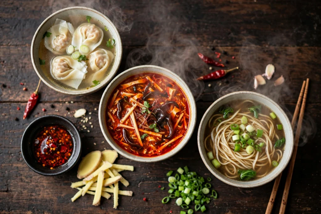 Chinesische Suppe Rezept – verschiedene chinesische Suppen in Schüsseln mit Stäbchen, Ingwer und Chili