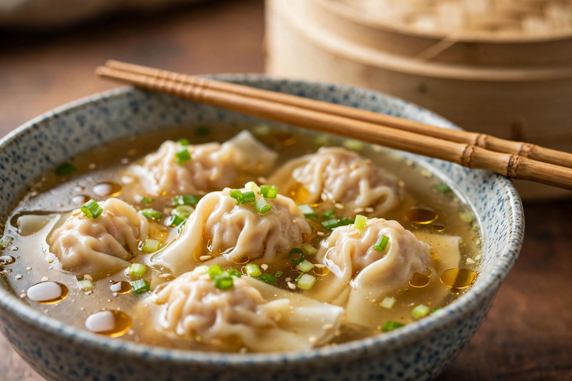 Chinesische Suppe Rezept – Wan-Tan-Suppe mit Teigtaschen, Frühlingszwiebeln und Sesamöl in klarer Brühe