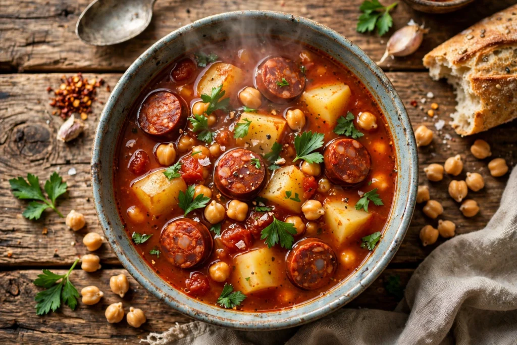 Chorizo Suppe Rezept – dampfende spanische Suppe mit Chorizo, Kartoffeln und Kichererbsen in einer Schale
