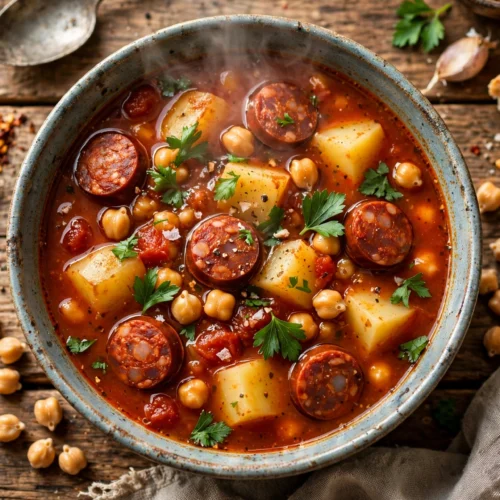 Chorizo Suppe Rezept – dampfende spanische Suppe mit Chorizo, Kartoffeln und Kichererbsen in einer Schale