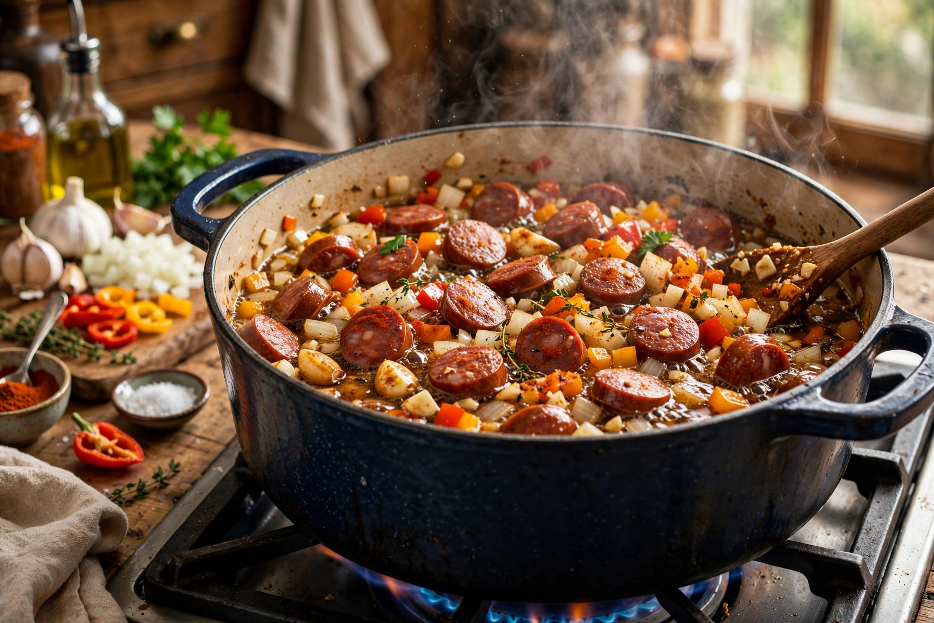 Chorizo Suppe Rezept – Chorizoscheiben, Zwiebeln und Paprika werden im Topf angebraten
