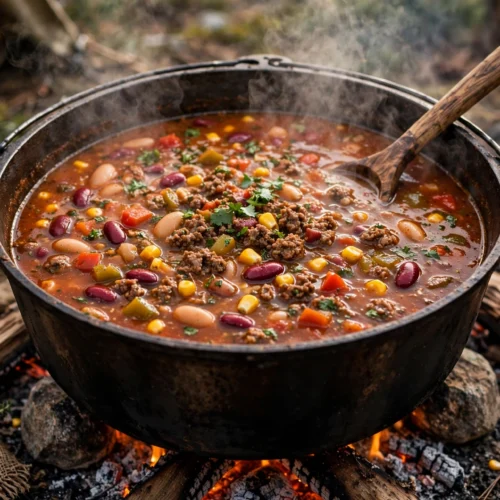 Cowboy Suppe Rezept – herzhafte Suppe im gusseisernen Topf über dem Lagerfeuer mit Hackfleisch, Bohnen und Mais